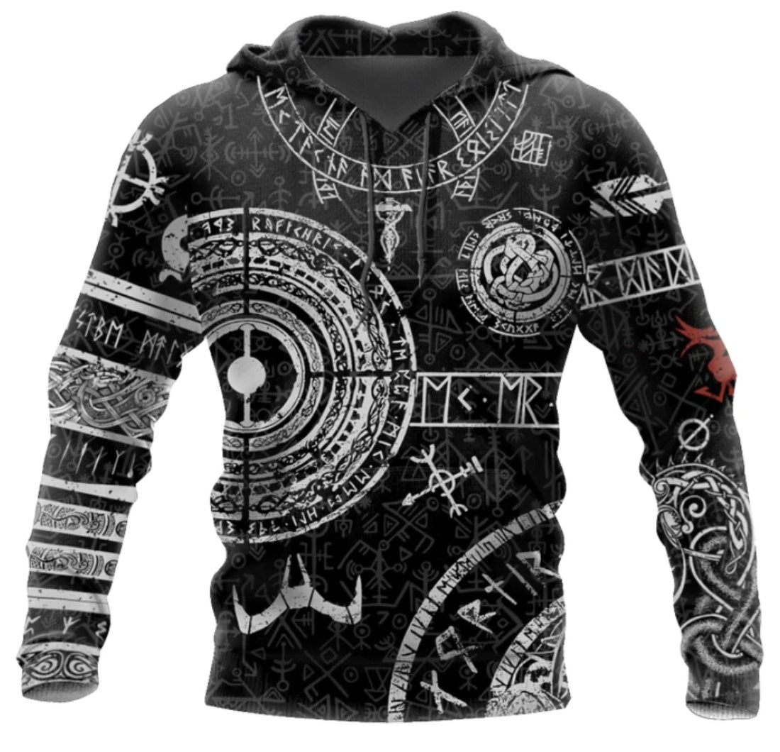Viking Odin Tattoo Hoodie for Men – 3D Printed Norse Mythology Pullover