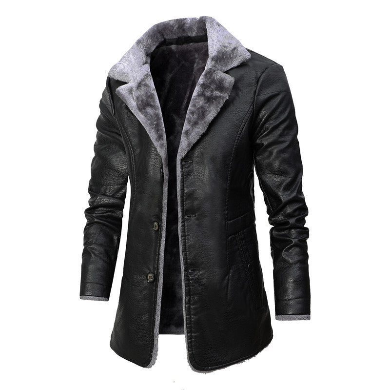 Winter Men’s Leather Jacket – Plush Fleece Lined Long Coat with Lapel Design