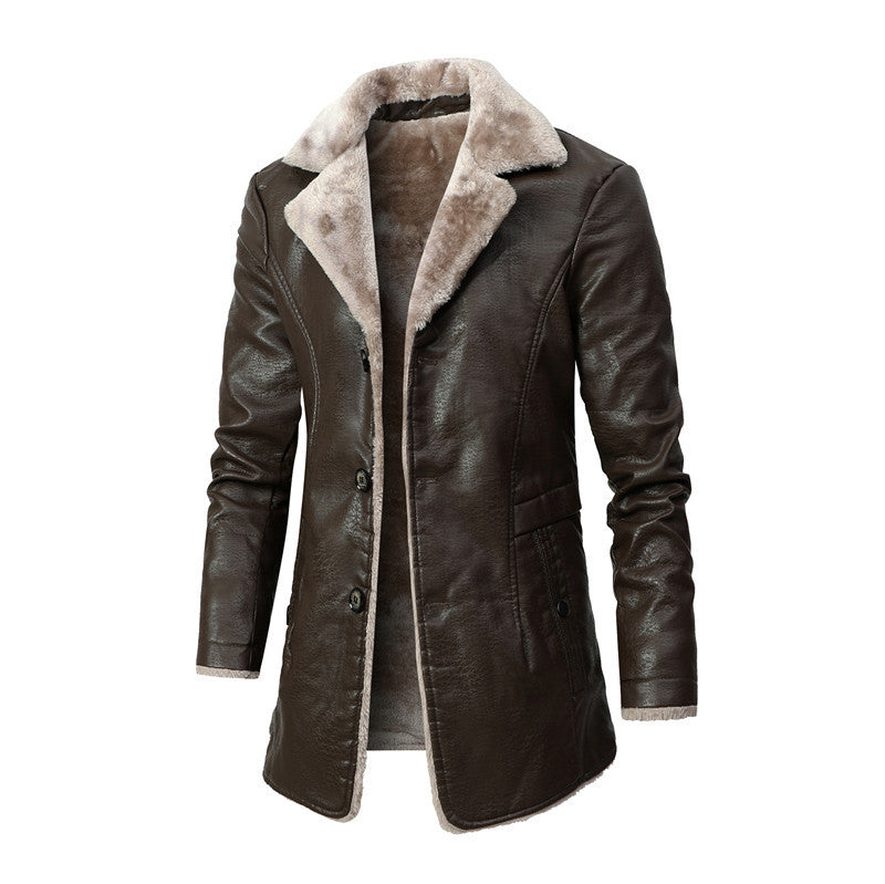 Winter Men’s Leather Jacket – Plush Fleece Lined Long Coat with Lapel Design