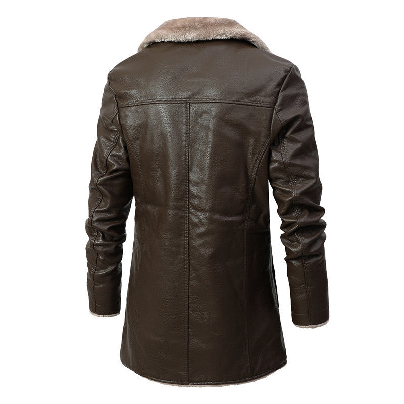 Winter Men’s Leather Jacket – Plush Fleece Lined Long Coat with Lapel Design