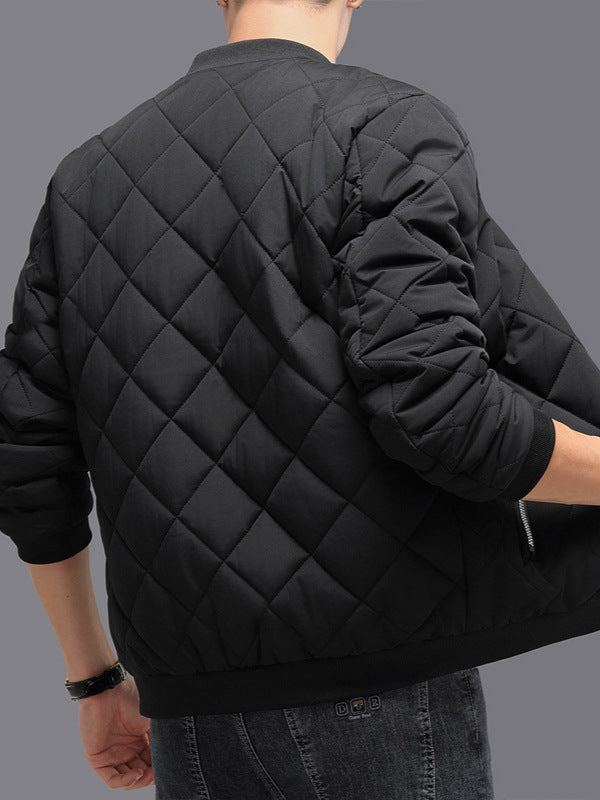 Men’s Winter Cotton Baseball Jacket – Thick Warm Rhombic-Seam Casual Coat, Solid Color Outwear