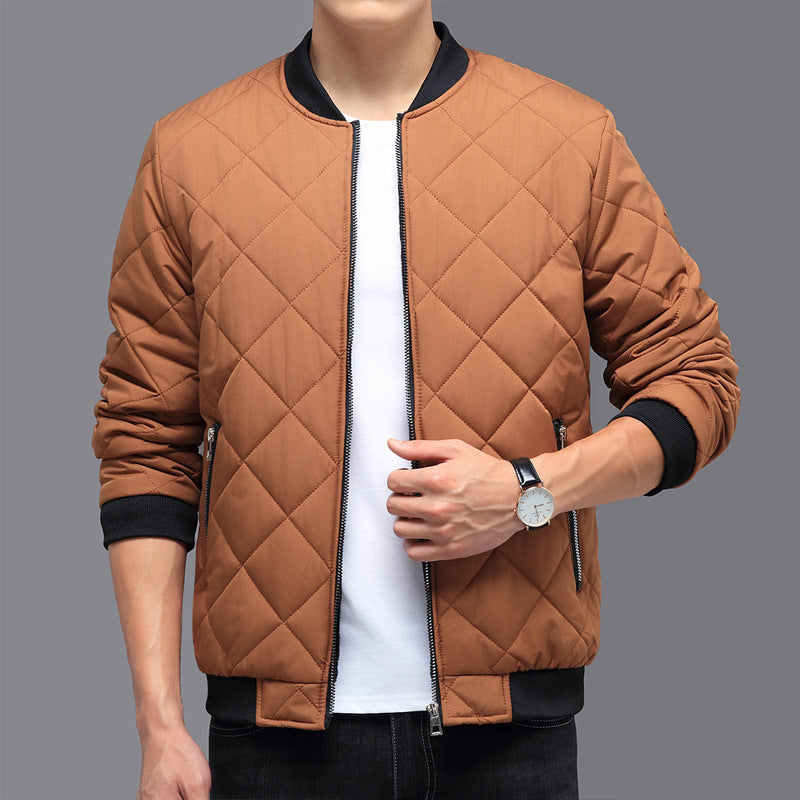 Men’s Winter Cotton Baseball Jacket – Thick Warm Rhombic-Seam Casual Coat, Solid Color Outwear
