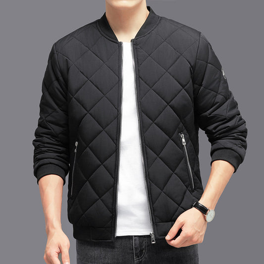 Men’s Winter Cotton Baseball Jacket – Thick Warm Rhombic-Seam Casual Coat, Solid Color Outwear