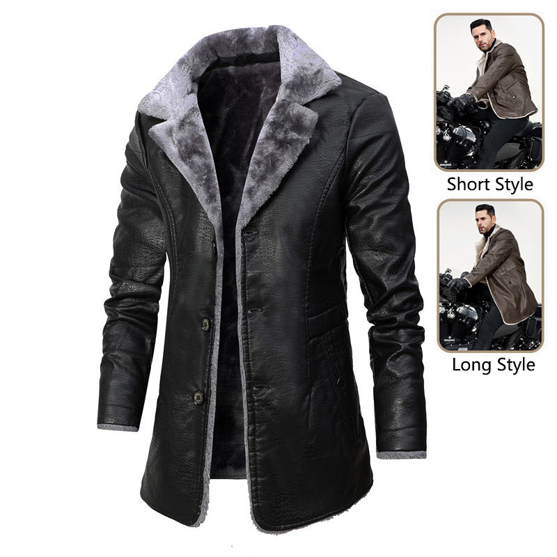 Winter Men’s Leather Jacket – Plush Fleece Lined Long Coat with Lapel Design