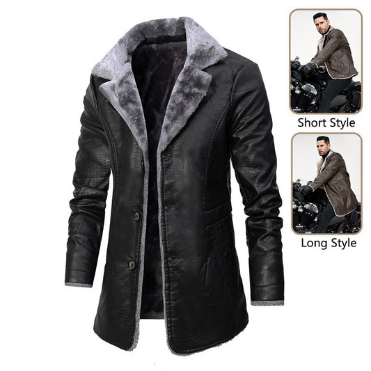 Winter Men’s Leather Jacket – Plush Fleece Lined Long Coat with Lapel Design